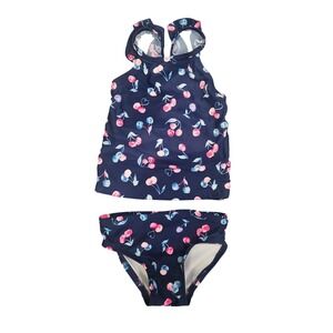 Girls Navy‎ Blue Cherry Print Tankini Two Piece Swimsuit Ruffle Straps Set